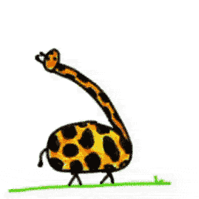 Animation of a cartoon giraffe strutting, its head bopping wildly back and forth.