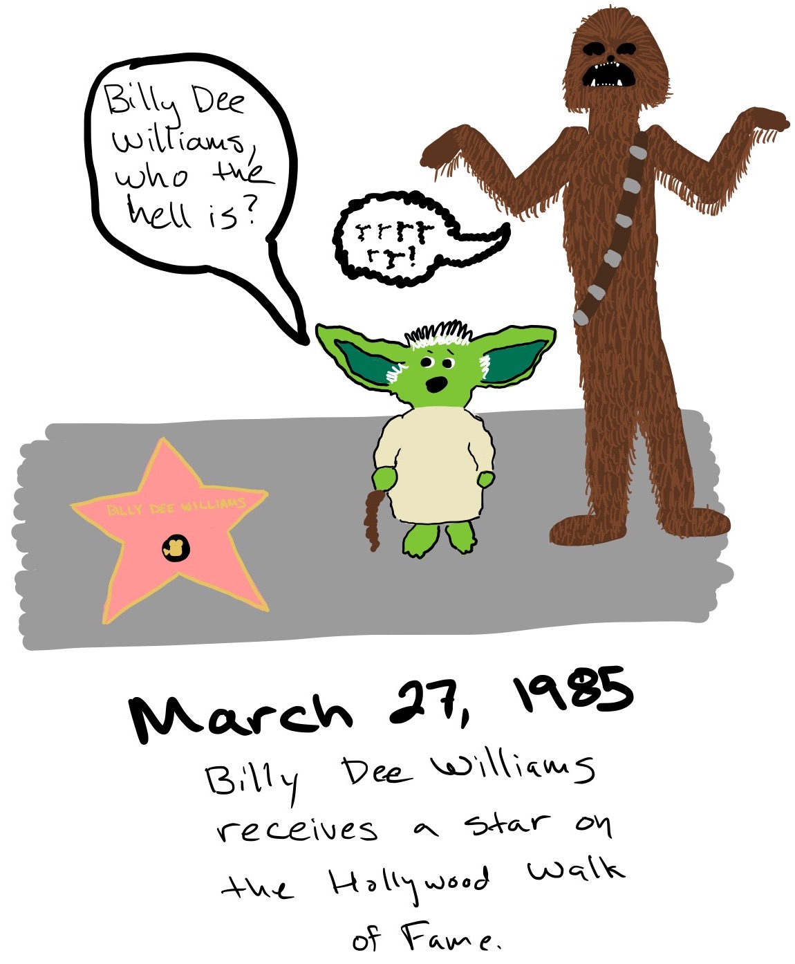 Yoda and Chewbacca standing on the sidewalk above Billy Dee Williams's star. Yoda says, 'Billy Dee Williams, who the hell is?' Chewbacca grunts in response.