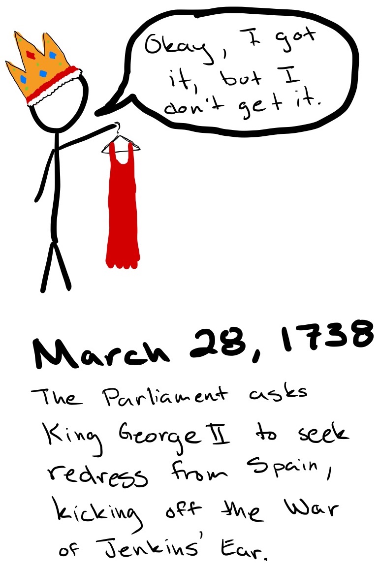 The king stands holding a red dress on a coat hanger and says, 'Okay, I got it, but I don't get it.'