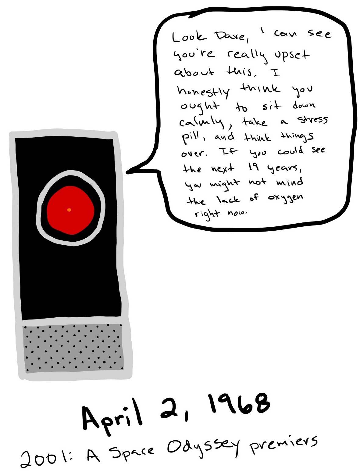 The computer HAL 9000 is speaking: 'Look Dave, I can see you're really upset about this. I honestly think you ought to sit down calmly, take a stress pill, and think things over. If you could see the next 19 years, you might not mind the lack of oxygen right now.