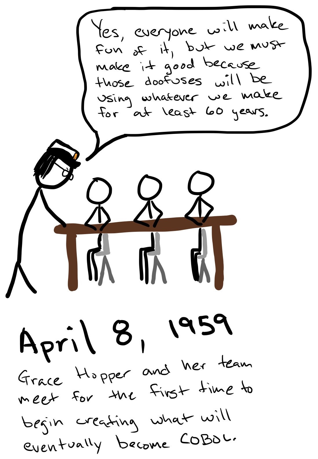 A female admiral stands at a table of other people and says, 'Yes, everyone will make fun of it, but we must make it good because these doofuses will be using whatever we make for at least 60 years.