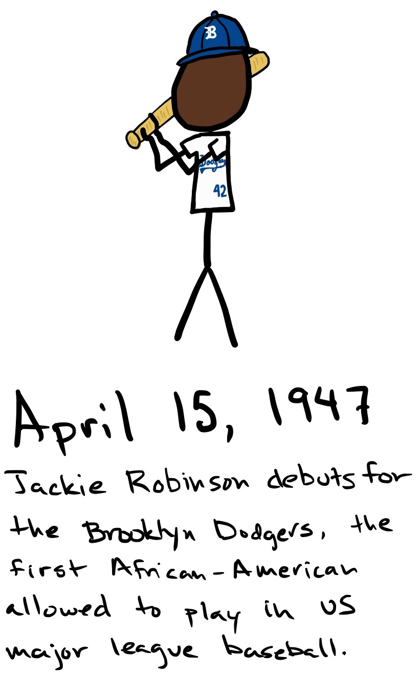 Jackie Robinson stands holding a baseball bat, wearing a Brooklyn Dodgers uniform with number 47.