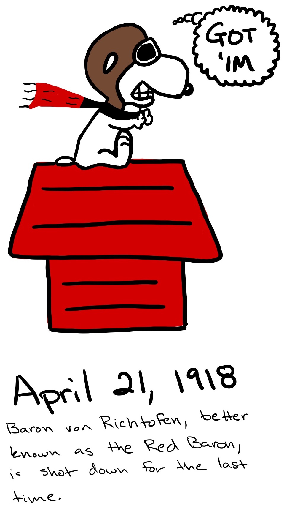 Snoopy is dressed in old-timey pilot gear, sitting on top of his doghouse. He says 'got im'