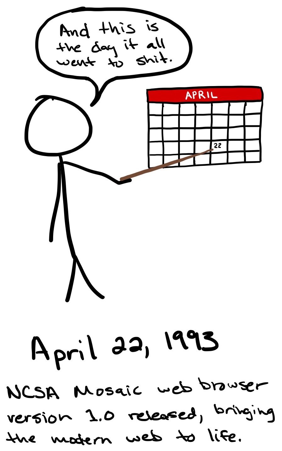 A person pointing at a calendar labeled April 22 says, 'And this is the day it all went to shit.'