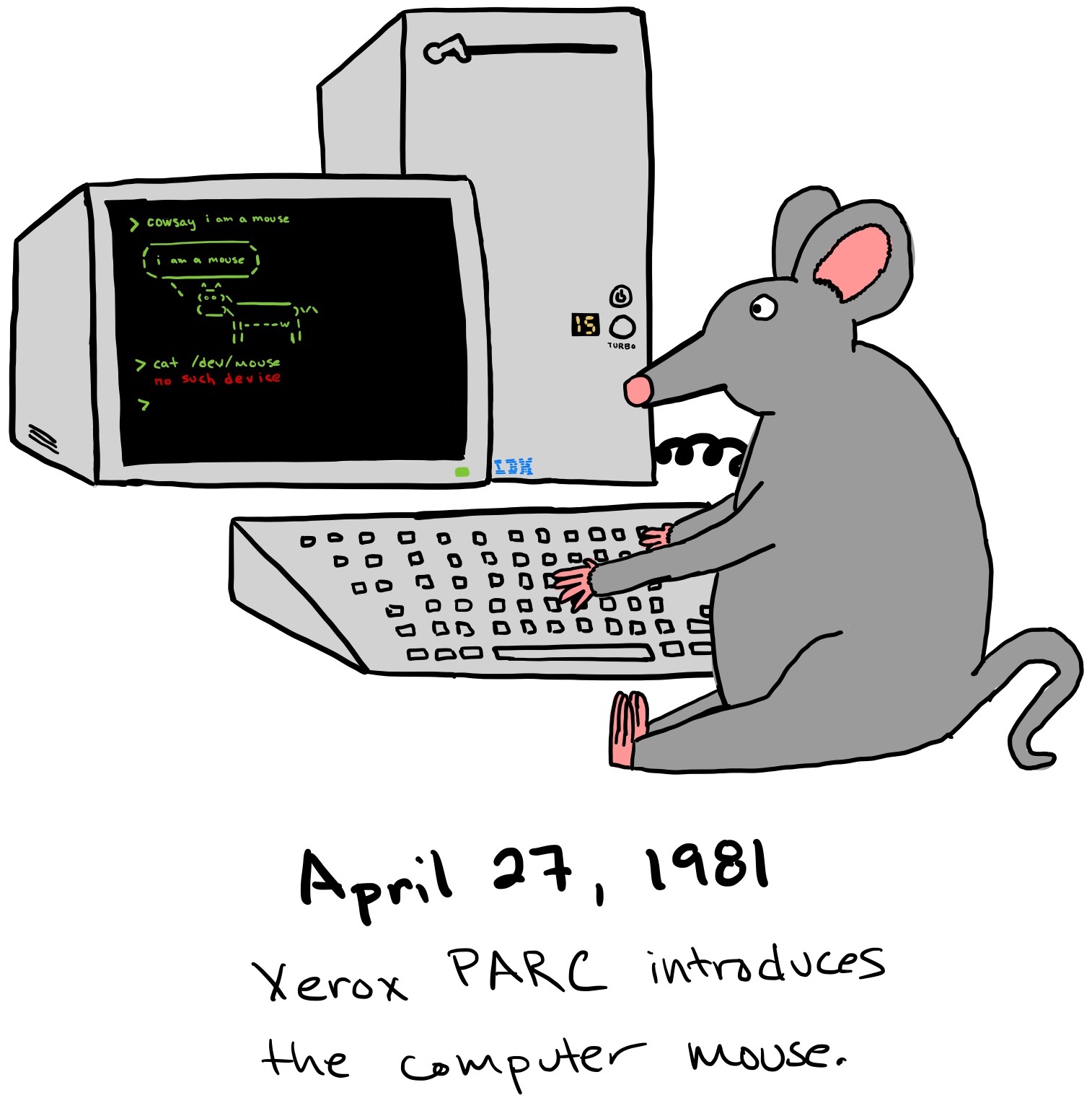 A mouse is sitting at a computer, typing commands