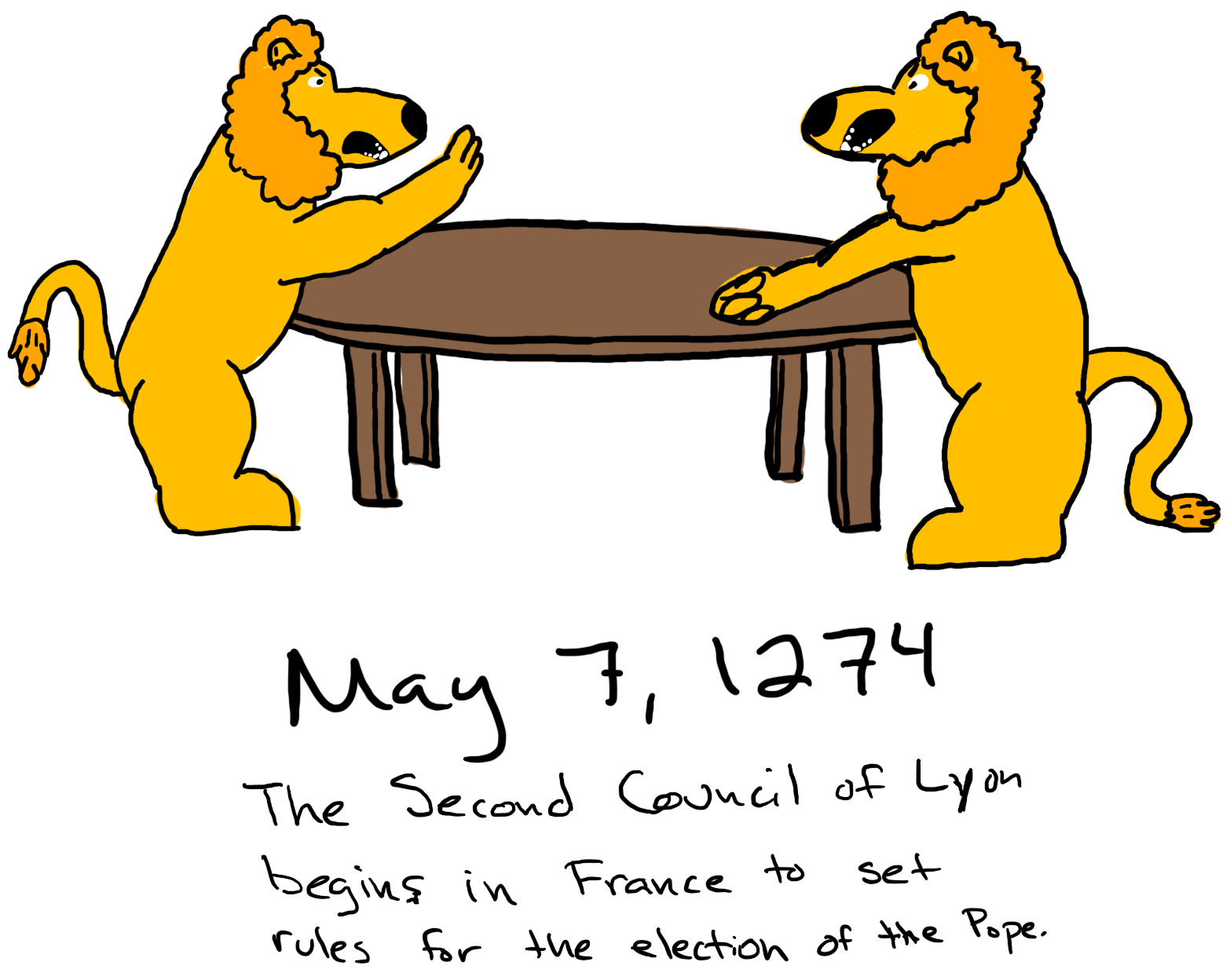 Two lions argue at a table