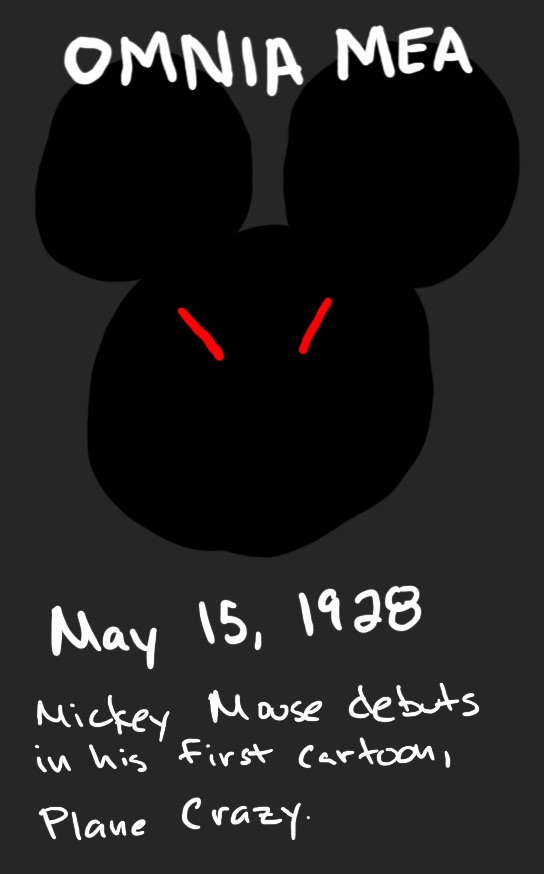 A Disney 'mouse ears' logo with red eyes and the words 'OMNIA MEA'