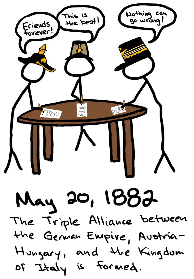 Three leaders sign a document at a table. The first wearing a German spiked helmet says, 'Friends forever!' The next wearing an Austro-Hungarian soldier's cap says, 'This is the best!' The final wearing an Italian royal cap says, 'Nothing can go wrong!'