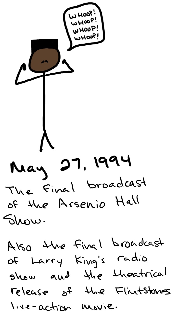 Arsenio Hall stands fist-bumping and saying 'Whoop! Whoop! Whoop! Whoop!'