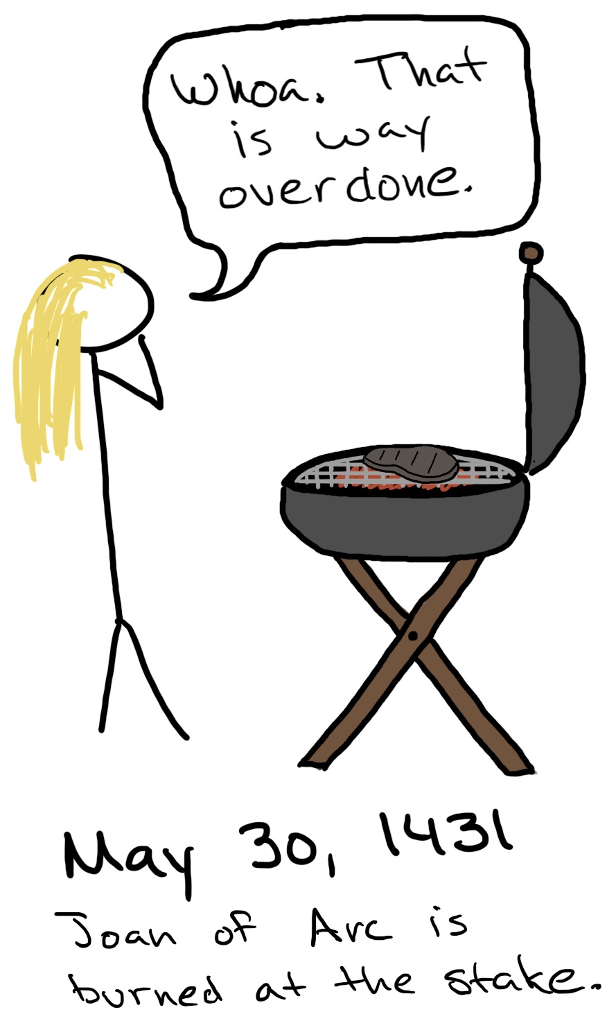 A woman stands in front of a grill with a very, very cooked steak and says, 'Whoa. That is way overdone.'