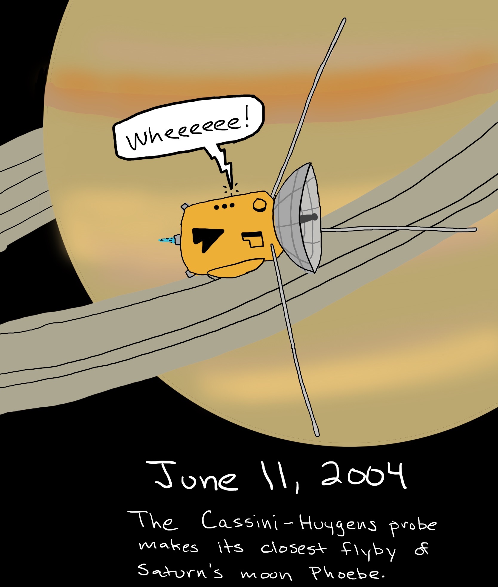 A probe flies in front of Saturn and exclaims, 'Wheeeeee!'