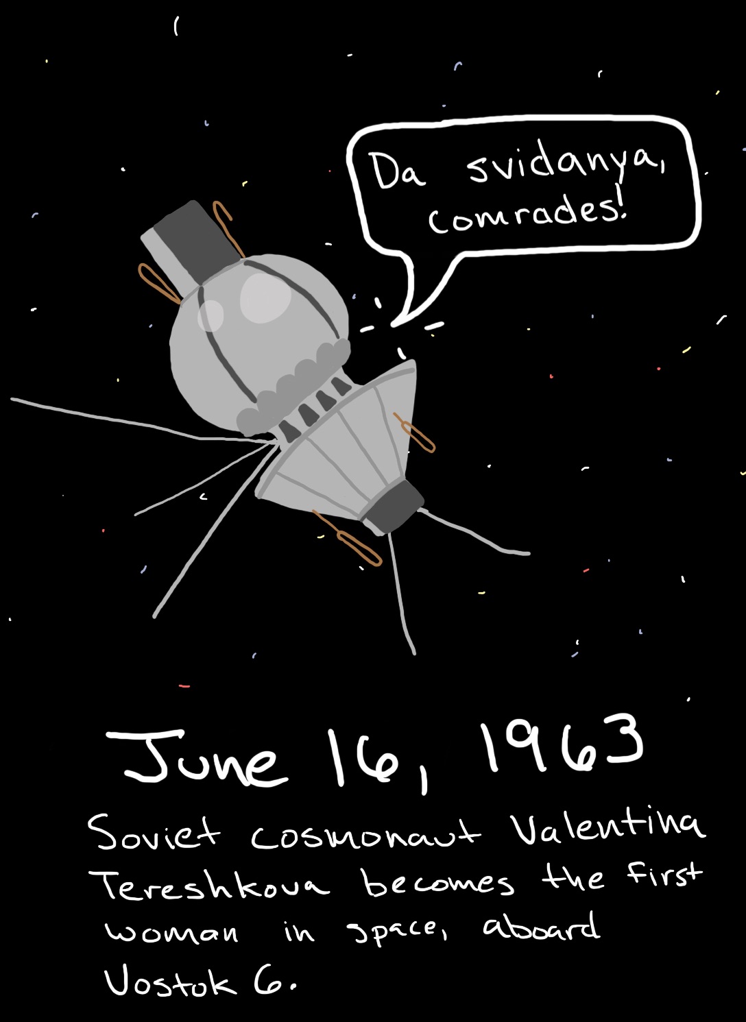 A spacecraft in space. A voice from inside says, 'Da svidanya, comrades!'