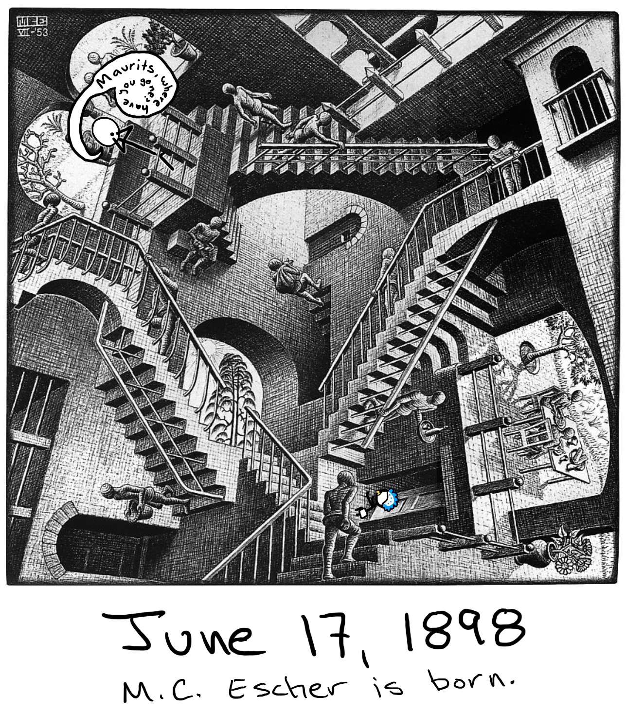 The lithograph 'Relativity' by M.C. Escher. A baby crawls up a vertical surface while an adult on a different surface 180º apart shouts, 'Maurits, where have you gone?'