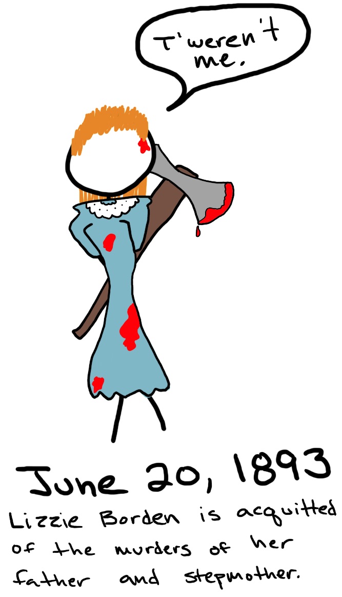 A woman in a blue dress, splattered with blood and holding an axe behind her back, says, 'Twerent me.'