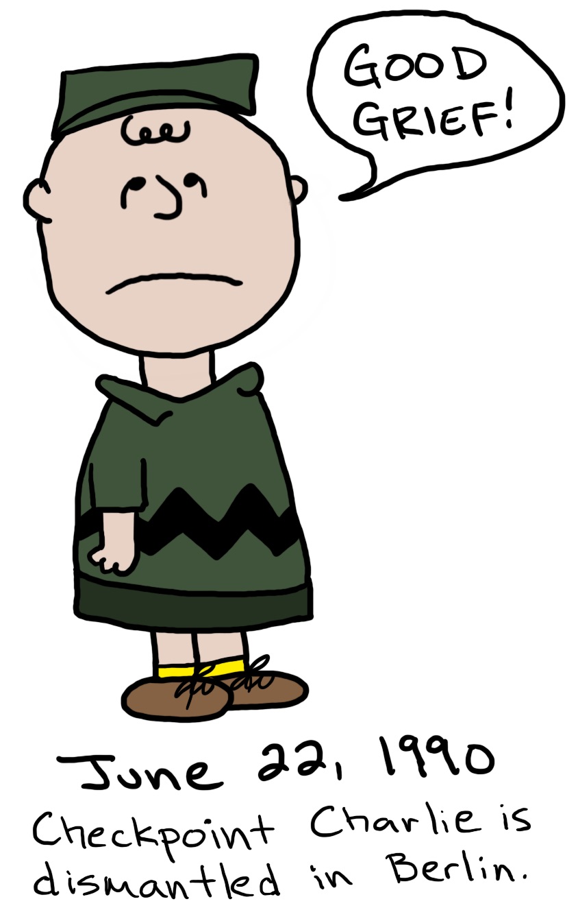 Charlie Brown in a camo-green shirt says, 'Good grief!'