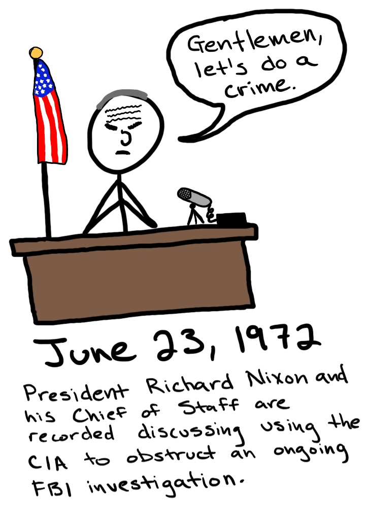 Richard Nixon sits at a desk with a microphone and says, 'Gentlemen, lets do a crime.