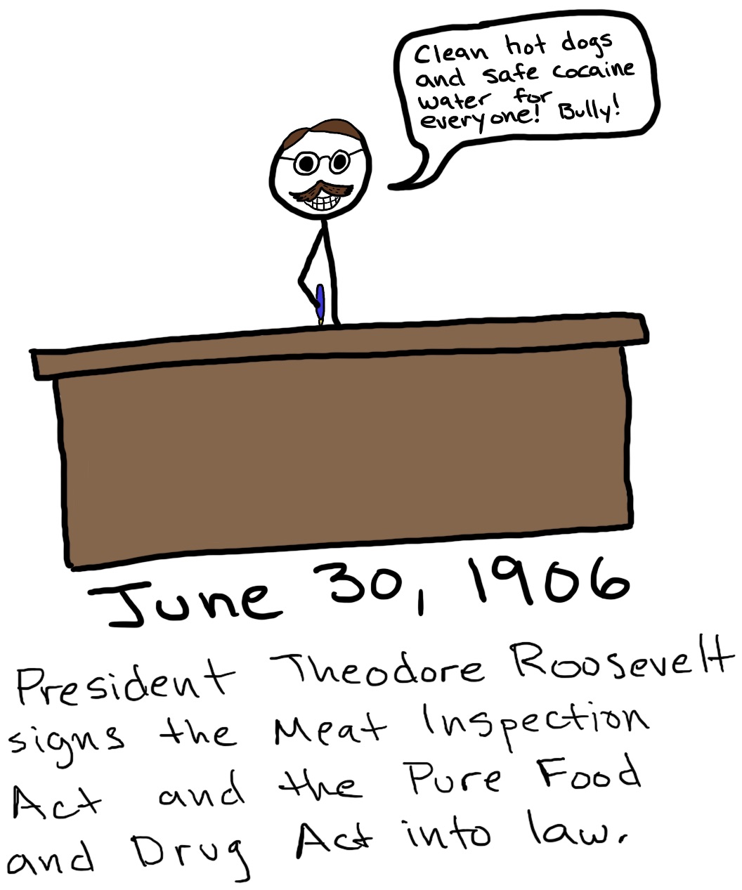 Teddy Roosevelt sits at a desk with a pen in hand and says, 'Clean hot dogs and safe cocaine water for everyone! Bully!'