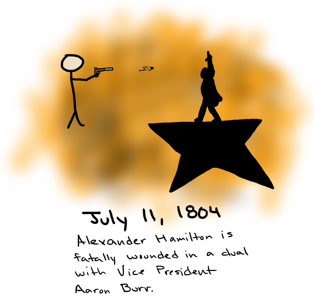 The 'Hamilton' musical logo, showing Hamilton as the top point on a star. A stick-figure Burr shoots at him.