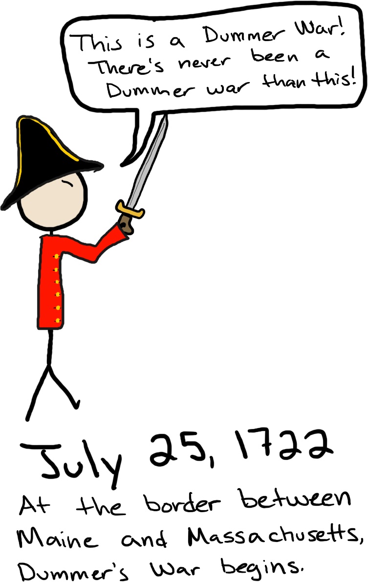 A person in an old British Royal Navy uniform holds up a sword and yells, 'This is a Dummer War! Theres never been a Dummer war than this!'