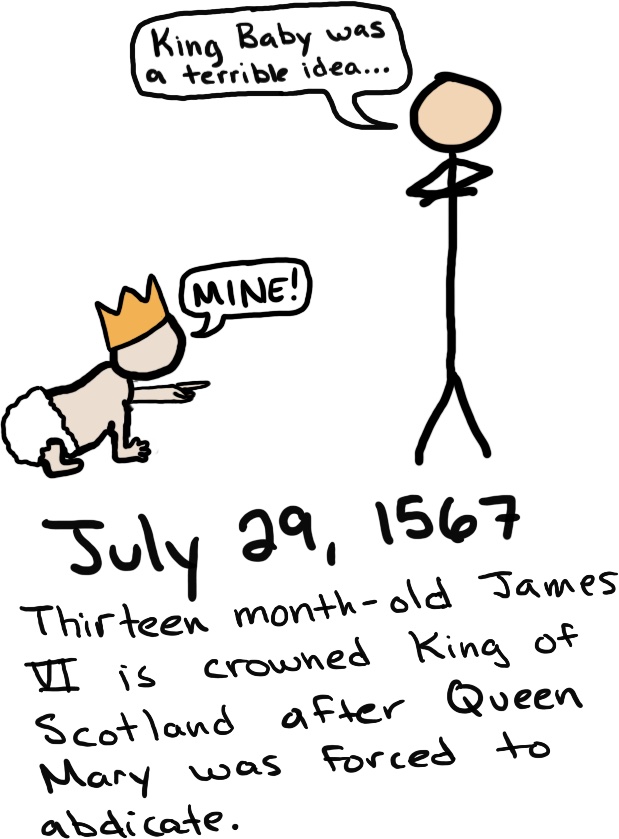 A baby with a crown points into the distance and shouts, 'MINE!' A person standing nearby says, 'King Baby was a terrible idea...