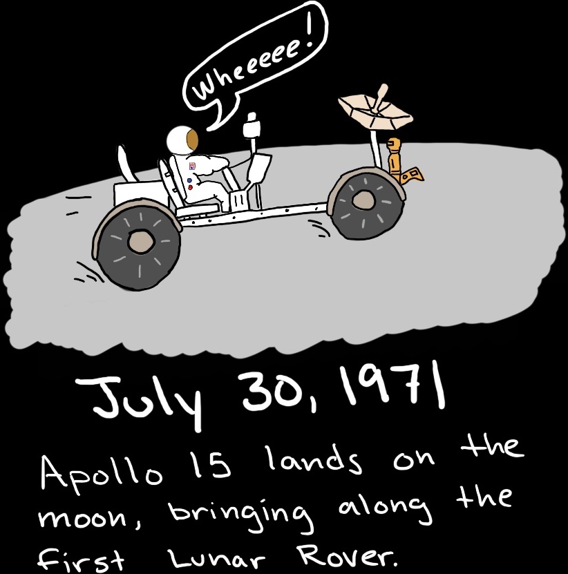 A Lunar Rover drives across the moon while the astronaut in the seat shouts, 'WHEEEEE!'