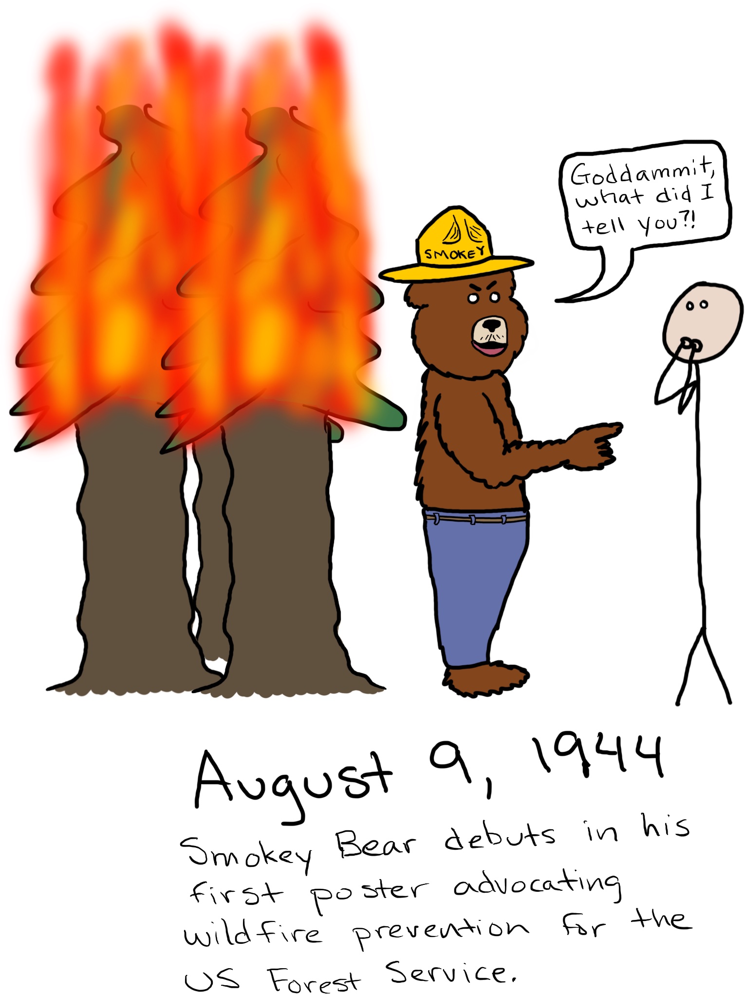 In front of a forest fire, Smokey Bear points at someone and says, 'Goddammit, what did I tell you?!'