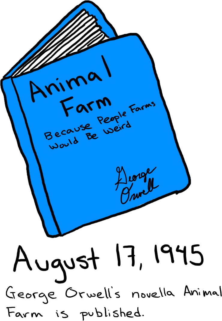 A book titled 'Animal Farm Because People Farms Would be Weird,' authored by George Orwell