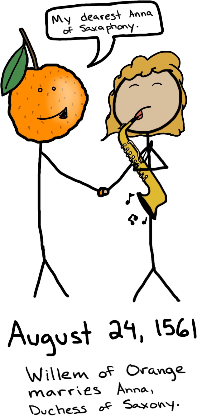 A man with an orange for a head holds hands with a woman playing saxaphone. The man says, 'My dearest Anna of Saxaphony.'