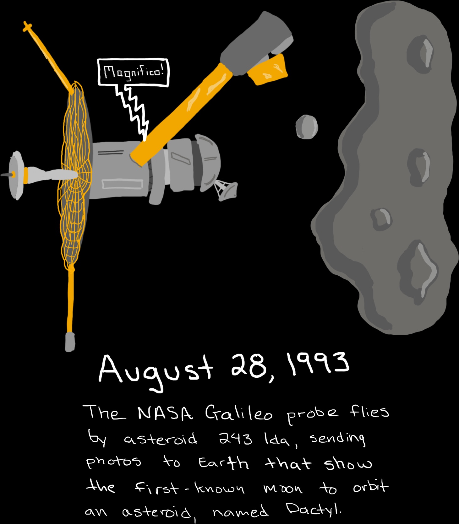 A space probe examines an asteroid with a small moon and says, 'Magnifico!'