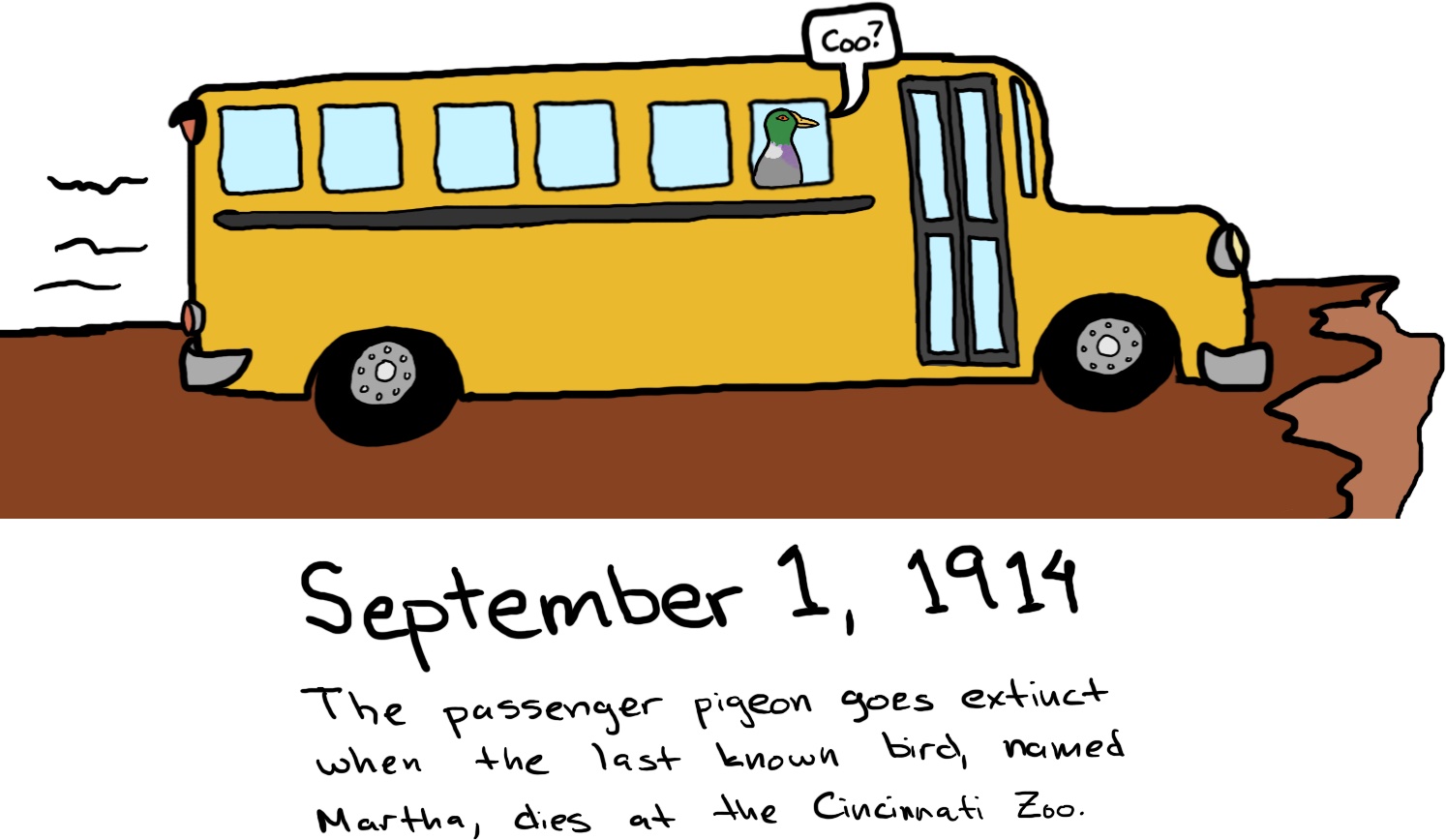 A pigon is a passenger aboard a school bus speeding towards a cliff. It says, 'Coo?'