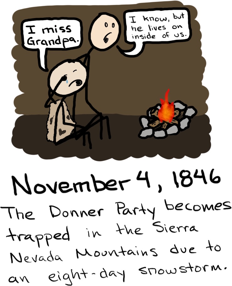 A crying child sits huddled next to an adult in front of a campfire. The child says, 'I miss Grandpa.' The adult responds, 'I know, but he lives on inside of us.'